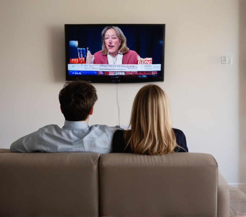 A couple sits on a couch, backs to the camera, watching news on a TV mounted on the wall.