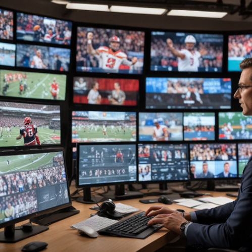 A broadcaster at a desk with multiple screens showing live sports, delivering updates to an audience.