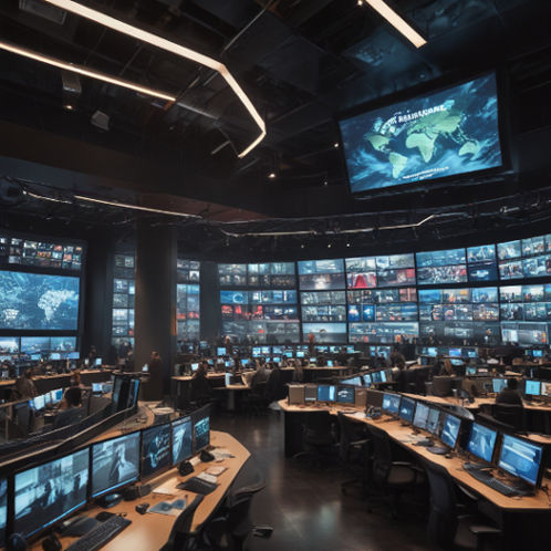A vibrant newsroom with multiple screens showing sports broadcasts, journalists analyzing live sports coverage.