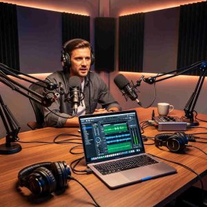 Professional podcast studio with microphones, headphones, laptop displaying audio editing software, journalist recording a news podcast, warm studio lighting, modern media production environment.

