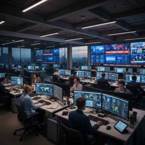 Modern newsroom with journalists working on computers displaying digital news dashboards, large screens showing breaking news graphics, professional media environment.