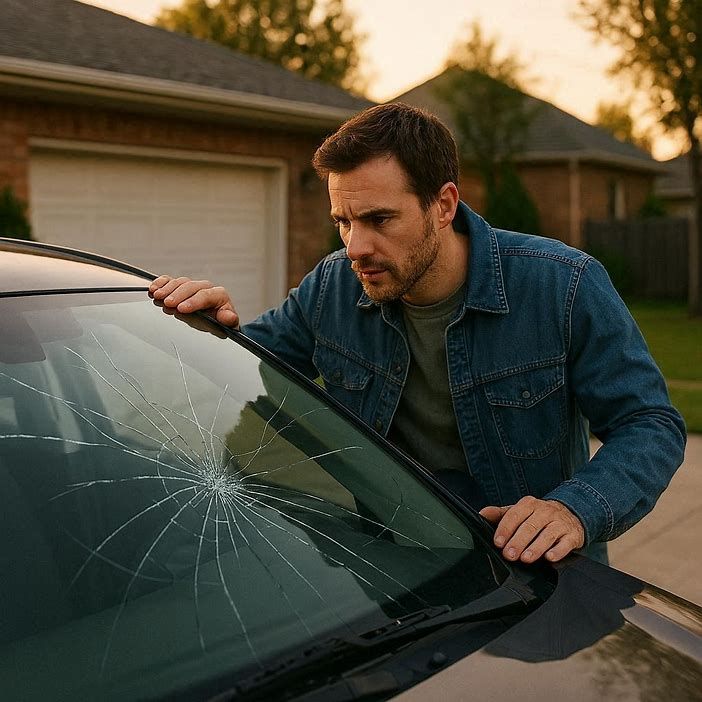 driver inspecting a cracked windshield
