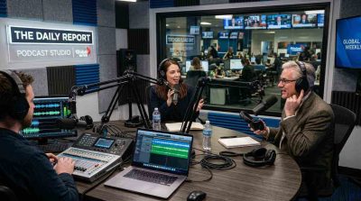 Professional podcast recording studio with journalists conducting interviews