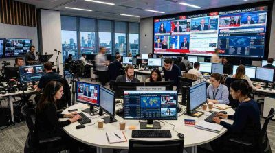 Modern digital newsroom with journalists monitoring multiple screens and live news feeds through fact-checking team collaborating with a multimedia production equipment.