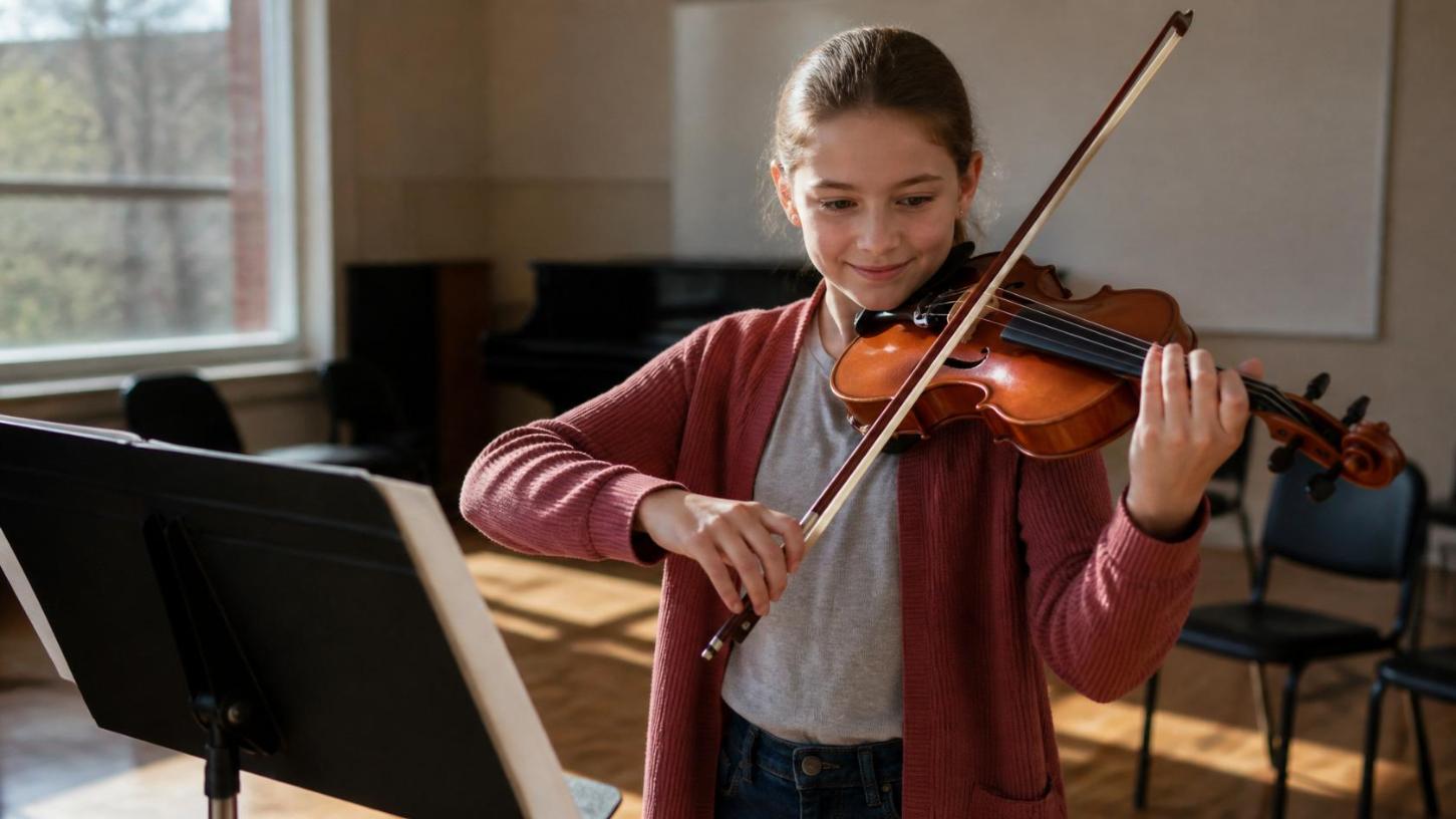 Young student joyfully practices viola in sunlit school music classroom.