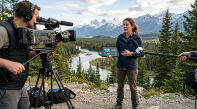 A professional environmental journalist reporting outdoors near a natural landscape, camera and microphone equipment visible